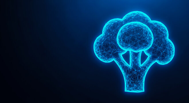 A vibrant neon blue broccoli icon with intricate details, set against a dark background for contrast.