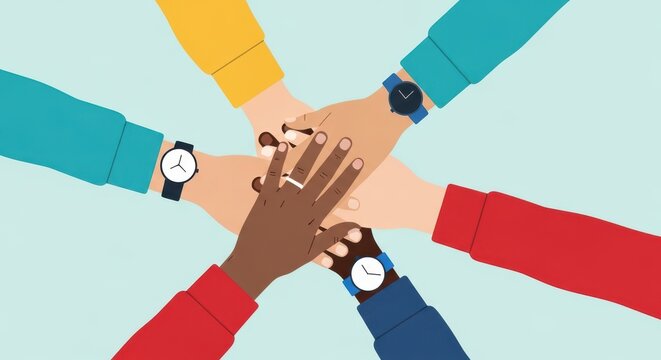 Diverse group of people putting their hands together in a circle, teamwork and unity concept, flat vector illustration