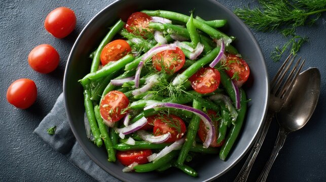 Fresh salad with green beans sits on a grey table, seen from above.