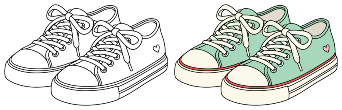 Sneakers trendy casual lace up footwear with cute bow style for printable coloring page artwork