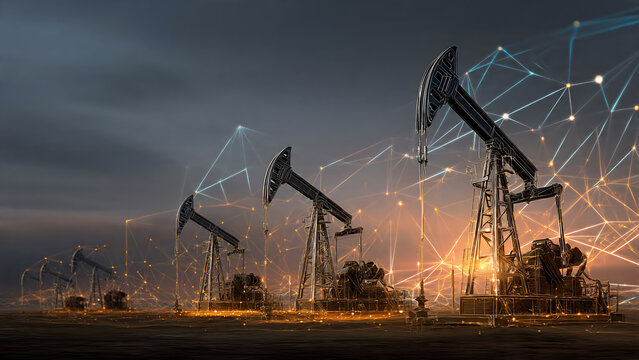 Silhouetted oil pumpjacks at dusk with glowing blue and orange digital network lines and data connections, concept for energy sector presentations