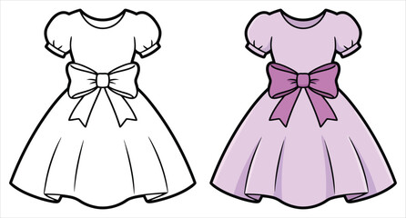 Dress featuring elegant ribbon decoration in cute fashion coloring page illustration artwork © Crafter