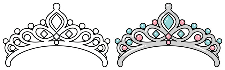 Crown featuring sparkling jewel ornaments in elegant princess coloring page illustration artwork © Crafter