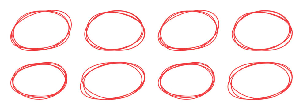 Group of eight hand drawn red scribble circles for highlighting content