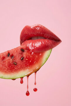 Close up of female lips with red glossy lipstick biting a juicy watermelon slice on a pink background.