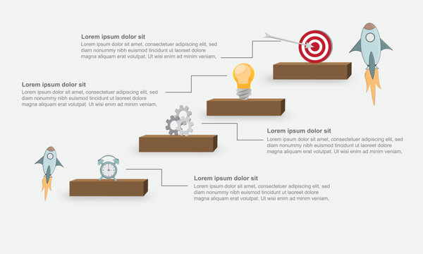 Business growth infographic with step process, rocket launch, target goal, gears, light bulb, and timeline elements. Modern flat vector illustrating strategy, innovation, planning, and success journey