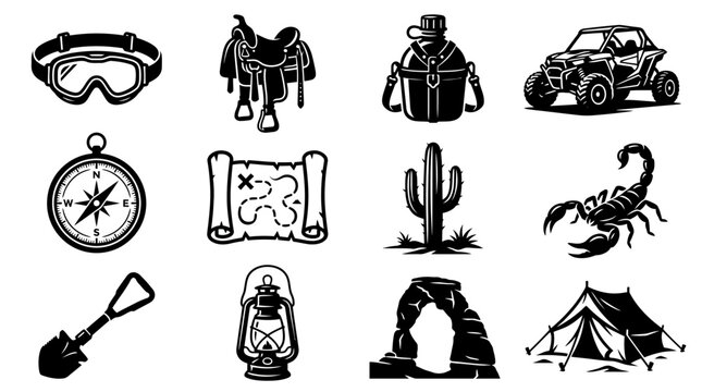 A premium vector silhouette icon set of 12 desert explorer tools: sand goggles, camel saddle, water canteen, dune buggy, compass, treasure map, cactus, scorpion emblem, folding shovel, lantern, 