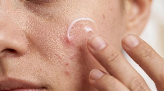 Extreme close up of person applying white acne spot treatment cream on pimple, skincare and dermatology concept.