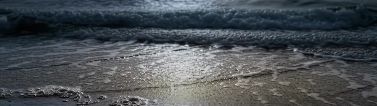 Ocean waves creating sea foam on a sandy shore, flowing gently across the sand during low tide for a tranquil scene.