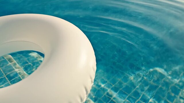 White inflatable ring floating on the surface of a blue swimming pool during a sunny summer vacation.