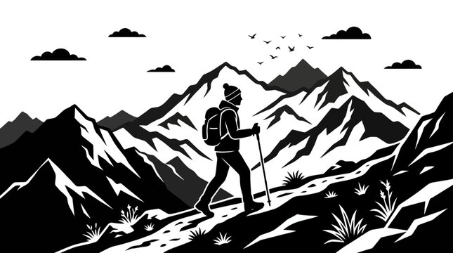 Man hiking with trekking poles slowly.