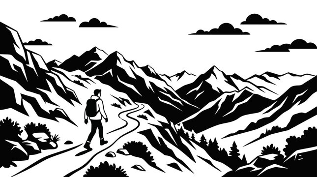 Man hiking on mountain trail path.