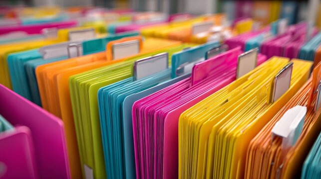 Bright office folders filled a background, seen up close.