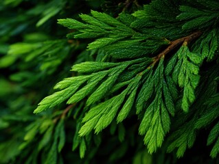 Fototapeta premium Close-up of vibrant green cedar tree branches with intricate foliage details.