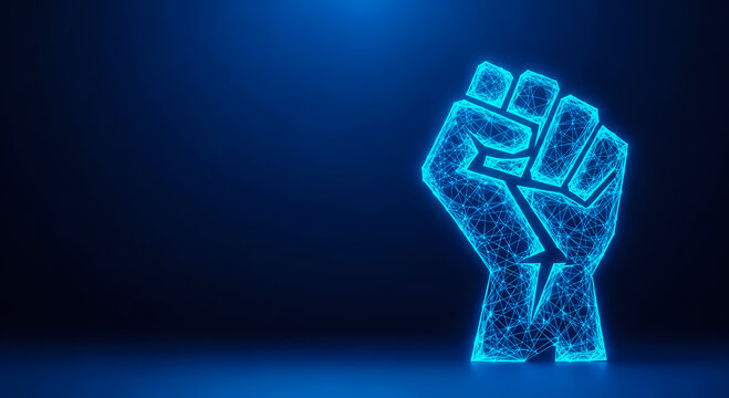 A futuristic neon-blue fist raised against a dark blue background, representing power, unity, and digital empowerment.