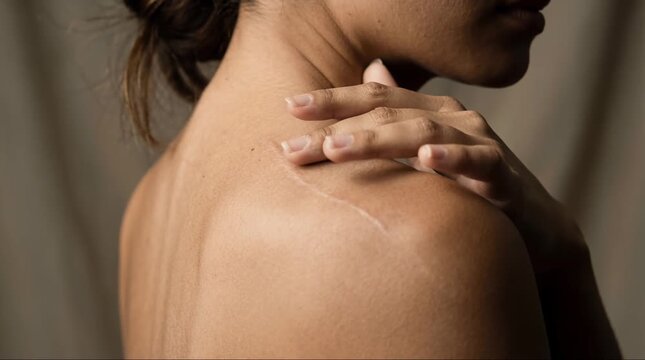 Close up of a visible scar on shoulder and neck area, body positivity concept.
