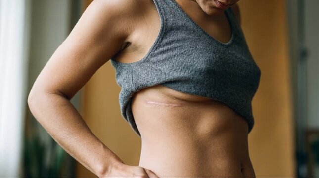 Close up of surgical scar on torso, body positivity and healing after surgery.