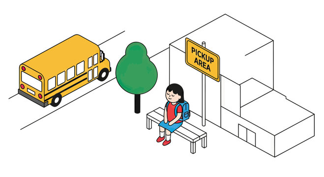 Isometric Illustration of a Schoolgirl with a Backpack Waiting at a Pickup Area for a Yellow School Bus