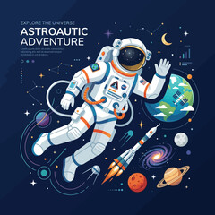 Astronaut floating in space surrounded by planets, stars, and a rocket, illustrating a cosmic adventure and universe exploration. © Insan