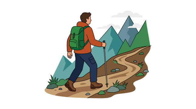 Man walking on hiking trail path.