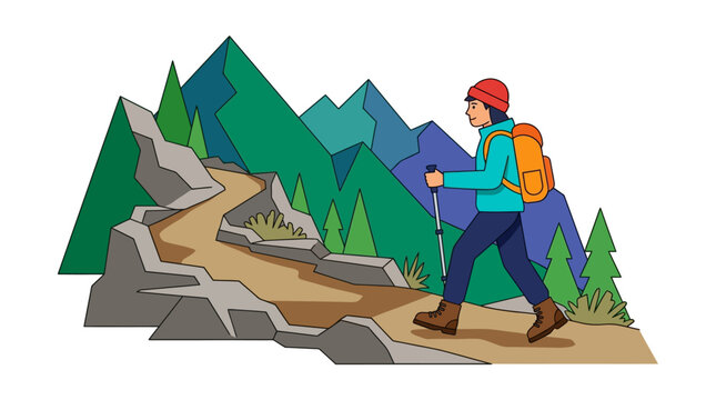 Man hiking on mountain trail path.