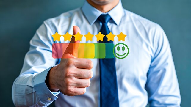Customer satisfaction rating concept with stars and thumbs up