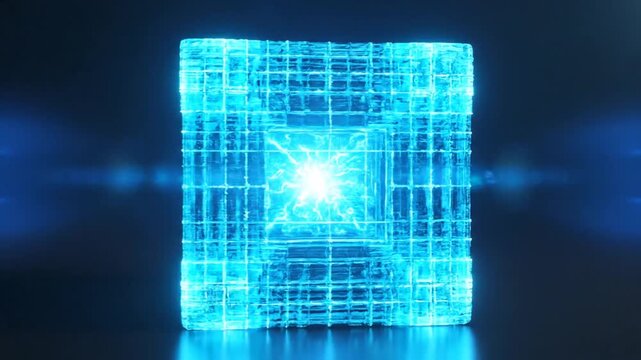 Glowing blue digital data cube in dark space