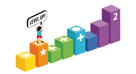 Fototapeta premium Isometric Illustration of a Boy Character on a Colorful Rising Bar Chart Celebrating Progress with a Level Up Speech Bubble Concept
