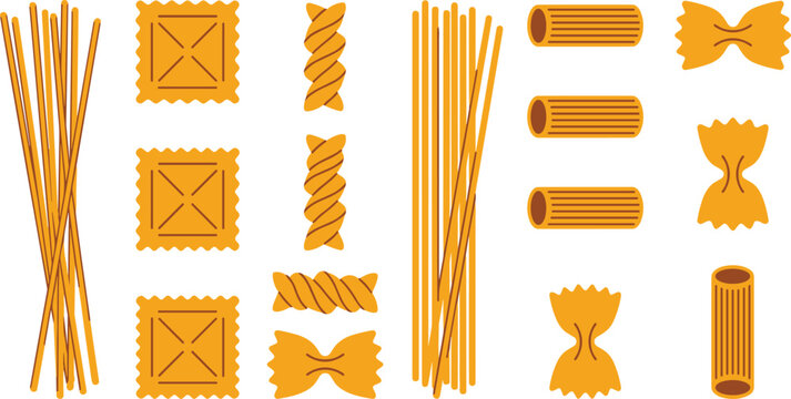 Variety of Pasta Shapes Set Including Lasagna, Fettuccine, Rigatoni, and Farfalle for Italian Cuisine Designs