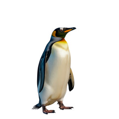 Fototapeta premium Emperor penguin standing on ice with yellow and white feathers in cold habitat isolated on transparent background