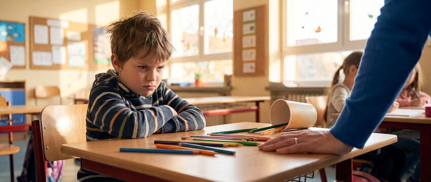 child classroom refusal learning stress behavior challenge school support closeup with student turning away from pencils while adult offers task suggesting frustration patience and calm guidance