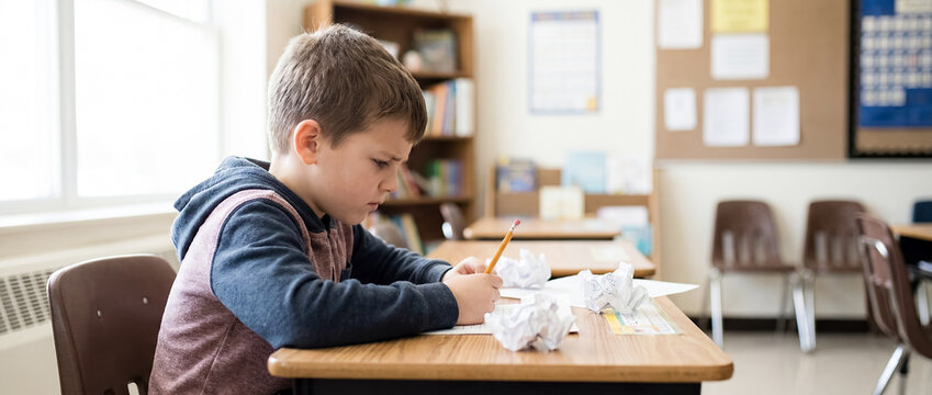 child classroom frustration learning stress behavior challenge school support closeup with student writing beside crumpled paper showing academic pressure task avoidance and guidance