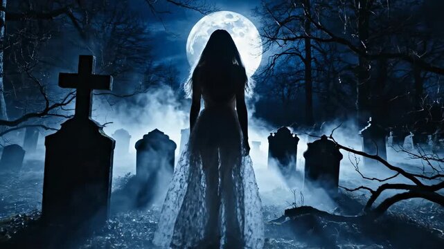 Spooky silhouette of a ghost bride in a cemetery under a full moon for halloween concept.