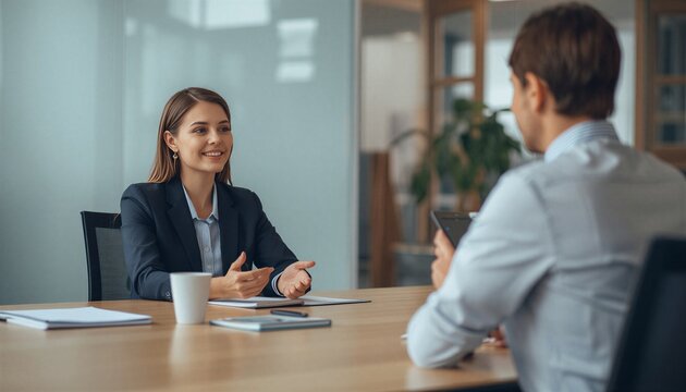 Professional woman conducts a job interview with a male candidate while sitting at a wooden table in a modern corporate office setting.