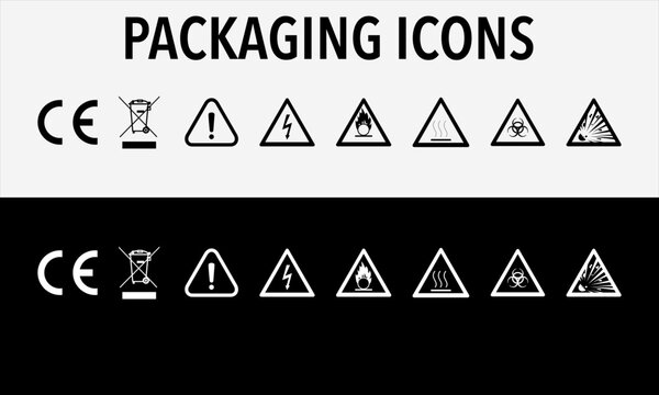 Packaging Icons Set CE WEEE Warning Triangle Symbol Black White