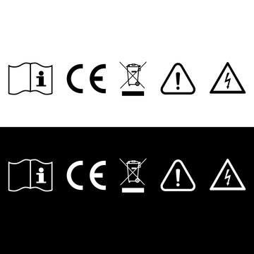 Packaging Icon Set Manual CE WEEE Warning Electricity Symbol Black White