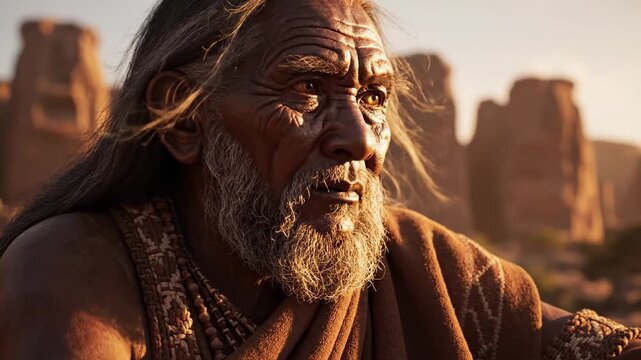 Portrait of an elderly tribal man from an ancient civilization standing in a rugged desert canyon at sunset.