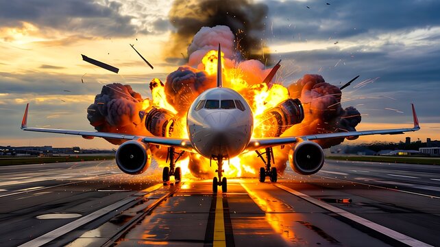 Airplane explosion on runway with fire and smoke dramatic accident and disaster scene