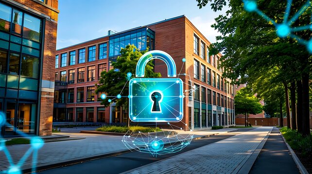 Modern city street with digital security lock concept and cybersecurity network overlay