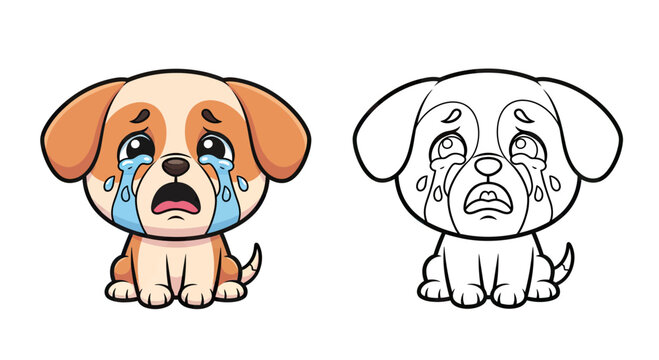 Cute Cartoon Puppy Crying Sad Tears with Line Art Coloring Page Outline Illustration