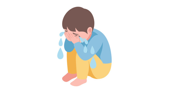 Sad little boy sitting on the floor and crying while covering his face with hands, expressing loneliness and grief