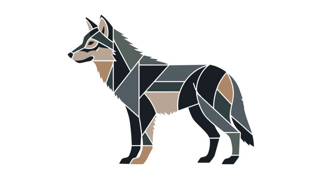 Low poly wolf walking illustration with geometric Scandinavian patterns and dark grey tones for contemporary wildlife and nature design