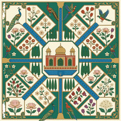 Naklejka premium Isolated a realistic Mughal garden illustration pattern with birds peacock parrot plants trees and palace for wallpaper vector art with white background..