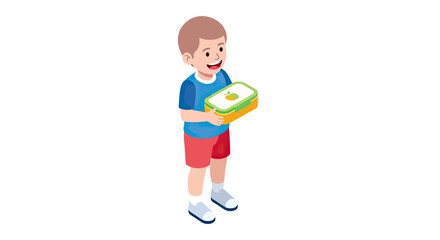 Fototapeta premium Isometric Vector Illustration of a Happy Young Boy Holding a Healthy School Lunch Box