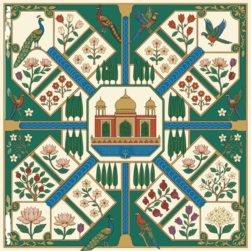 Isolated a realistic Mughal garden illustration pattern with birds peacock parrot plants trees and palace for wallpaper vector art with white background..