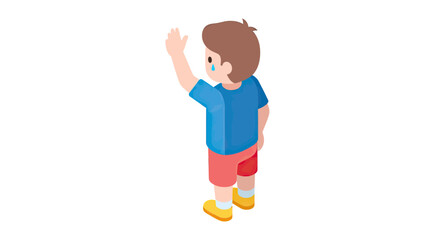 Fototapeta premium Isometric Vector Illustration of a Sad Young Boy with Sweat Stains and Wet Shorts from Bedwetting Accident, Showing Child Crying and Reaching for Help