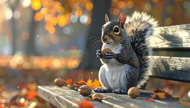 Gray squirrel with bushy tail holding a nut on a park bench during autumn, blurred background with fall leaves