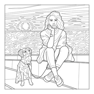 Woman Sitting by the Sea with Dog at Sunset, Coloring Page Vector Illustration, Relaxing Coastal Scene