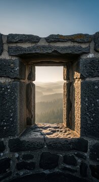 Stone embrasure overlooks misty landscape at dawn