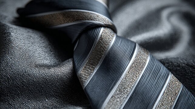 Close up shows a striped tie on a grey textured table.